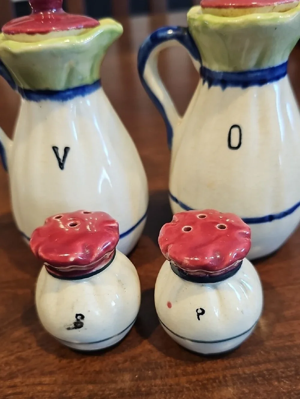 Cruet/Condiment 4 Piece Set Vintage Ceramic Hand Painted Japan Blue Bows Cottage